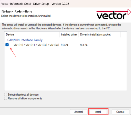 Vector Driver Setup 2.2.36 中选择 VN1610 系列 9.3.24 驱动
