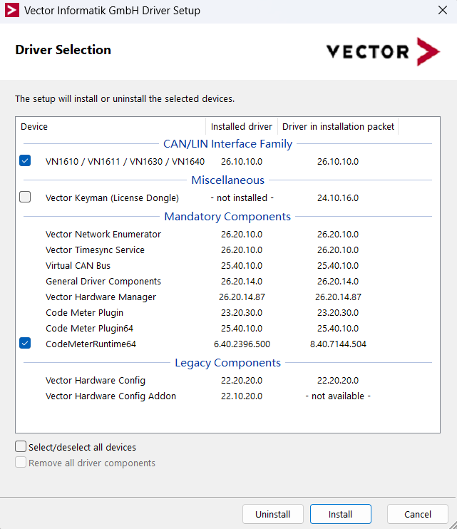 在 Driver Selection 中选择 VN16xx 驱动组件